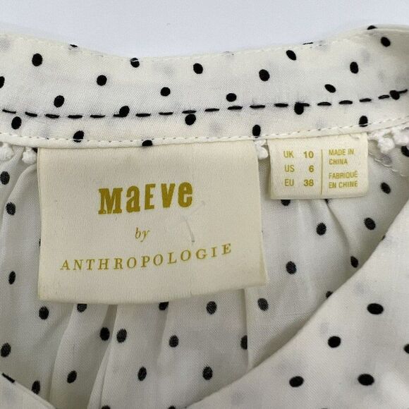Maeve by Anthropologie Lucy Puff Sleeve White Polka Dot Tie Waist Blouse Size 6 - Picture 5 of 7